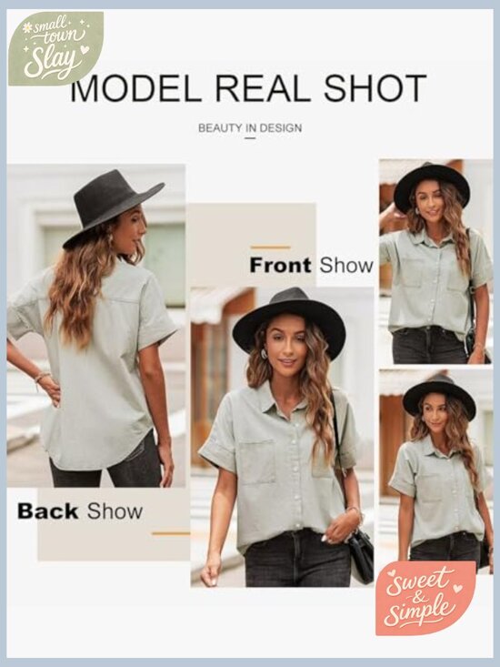 Women's V-Neck Button Down Shirt Short Sleeve Lightweight Cotton Casual - Picture 5 of 7